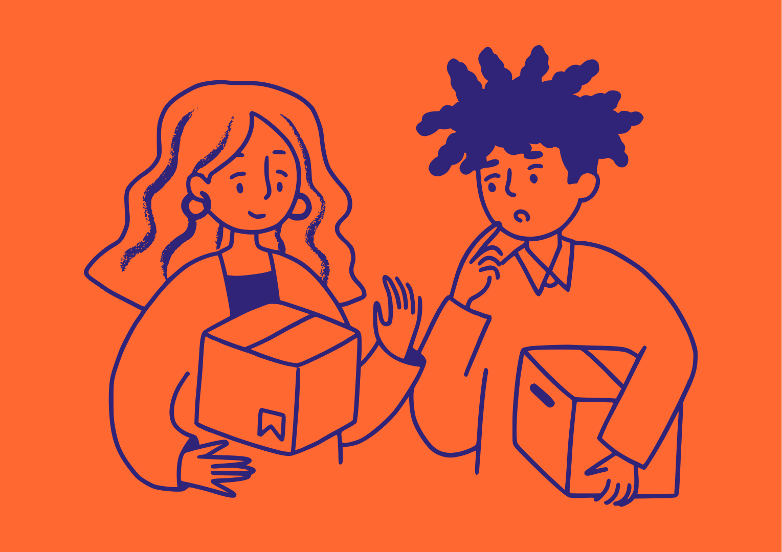 One long haired lady with is making a box float around her arms while a curly haired man is watching in awe while holding a box.